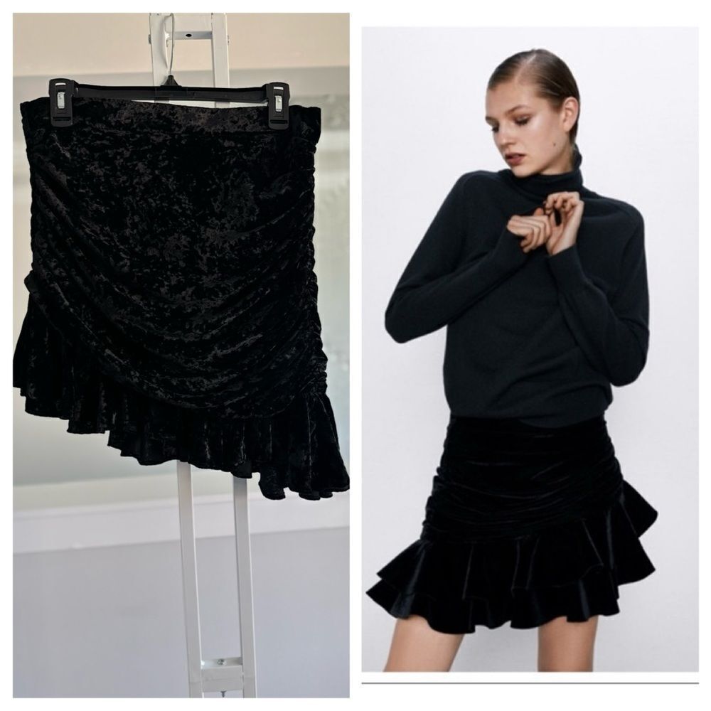 Zara black velvet ruched asymmetrical ruffle hem mini skirt